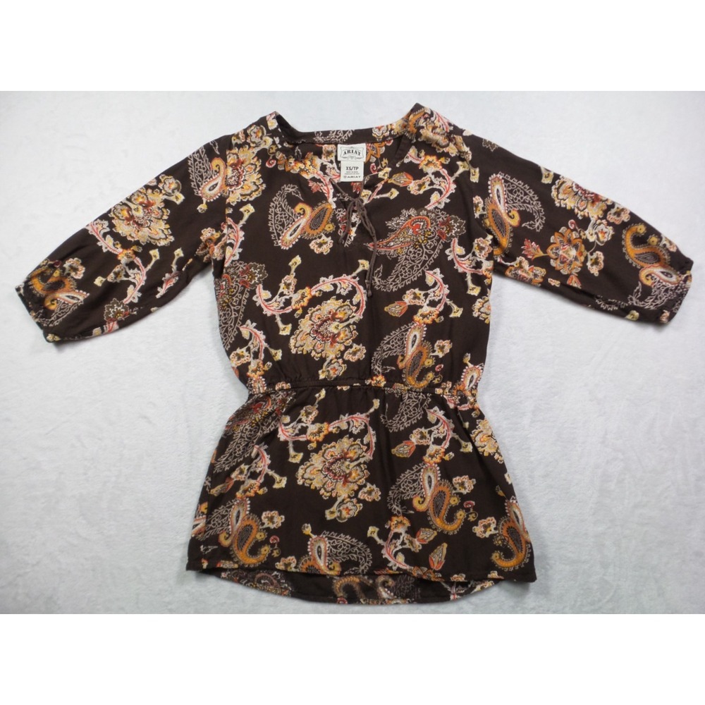 Ariat Top Womens Size Extra Small Brown Paisley Print Tunic Dress Tie Neck